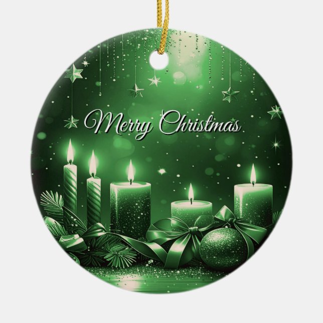 Adorno De Cerámica Green Candles Christmas Holiday Ornament (Frente)