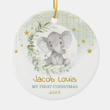 Green Moon & Star Elephant Baby Primer Navidad