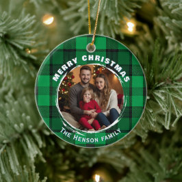 Adorno De Cerámica Green Personalized Family Photo Plaid Pattern