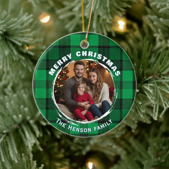 Adorno De Cerámica Green Personalized Family Photo Plaid Pattern  (Árbol)