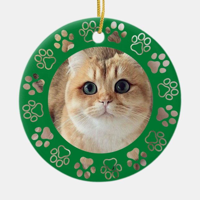 Adorno De Cerámica Green Pet Paw Custom Cat Photo  Ceramic Ornament (Frente)