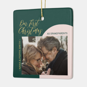 Adorno De Cerámica Green, Pink & Gold Modern First Christmas Photo