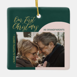 Adorno De Cerámica Green, Pink & Gold Modern First Christmas Photo