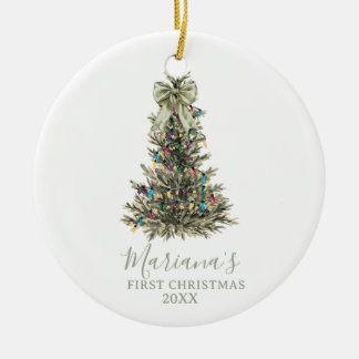 Adorno De Cerámica Green Sage Bow Pine Trees First Christmas