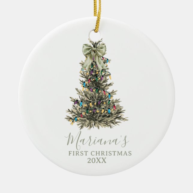 Adorno De Cerámica Green Sage Bow Pine Trees First Christmas (Frente)