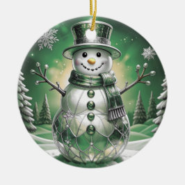 Adorno De Cerámica Green Snowman Snowflakes Holiday Ornament
