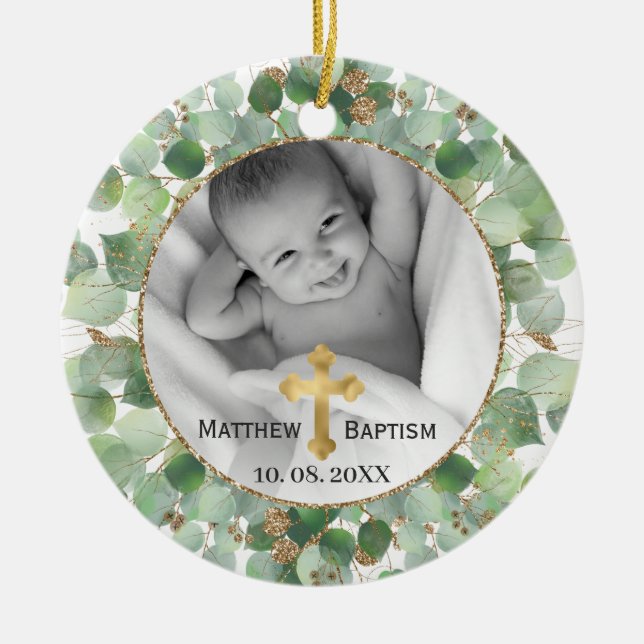 Adorno De Cerámica Greeneration Gold Eucalyptus Baby Baptism Photo (Frente)