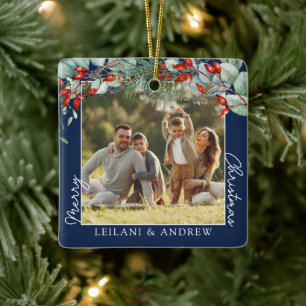 Adorno De Cerámica Greenery Merry Christmas Photo Navy Blue