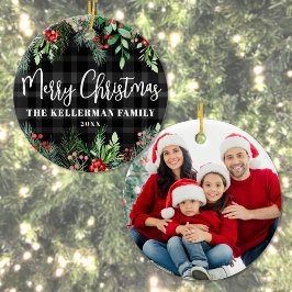 Adorno De Cerámica Greenery Plaid Family Photo Merry Christmas