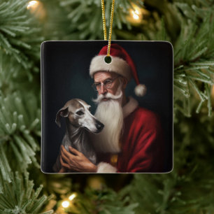 Adorno De Cerámica Greyhound Con Santa Claus Navideño Festivo