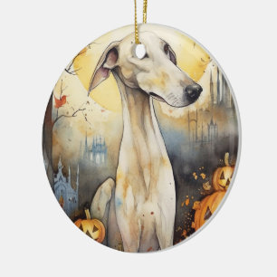 Adorno De Cerámica Greyhound de Halloween con calabazas asustadas