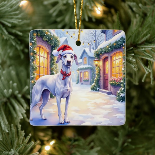 Adorno De Cerámica Greyhound Snowy Village Santa Hat Christmas Art (Árbol)