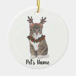 Adorno De Cerámica Gris Tabby Gato Personalizado Wreath & Antlers
