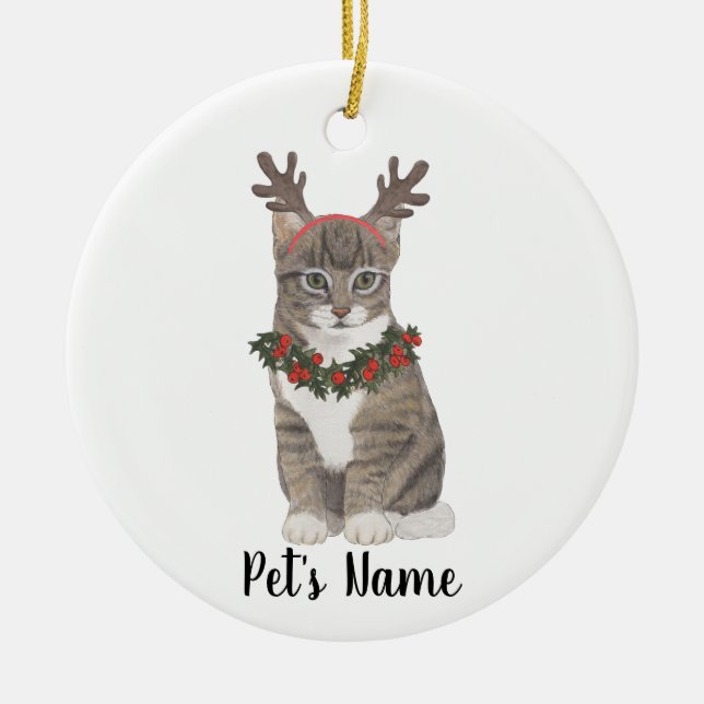 Adorno De Cerámica Gris Tabby Gato Personalizado Wreath & Antlers (Frente)