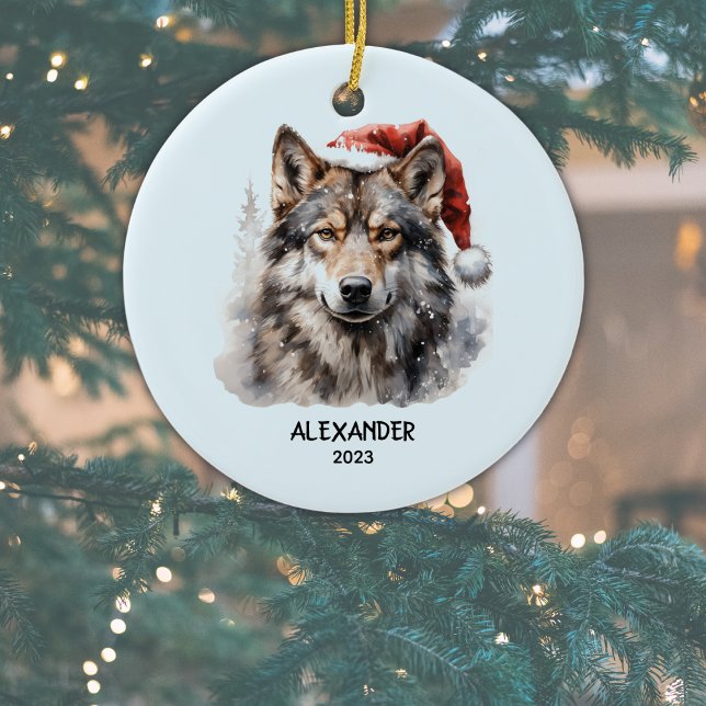 Adorno De Cerámica Gris Wolf Red White Santa Hat Personalizado (Add Name and Year (or other text) to personalize. Or delete text if not required. )