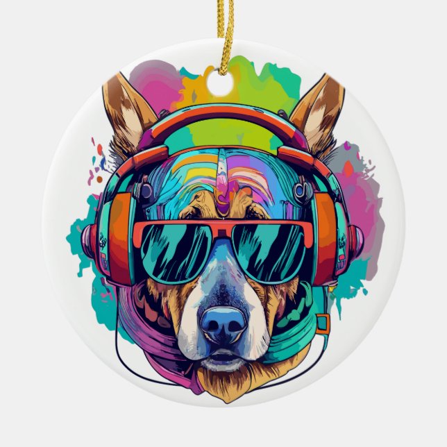 Adorno De Cerámica Groovy Canine Vibes : Perro Guay con audífonos (Frente)