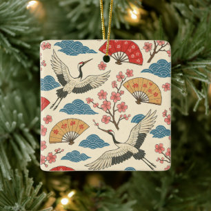 Adorno De Cerámica Grulla Japonesa Patrón Sakura Tradicional Japonés
