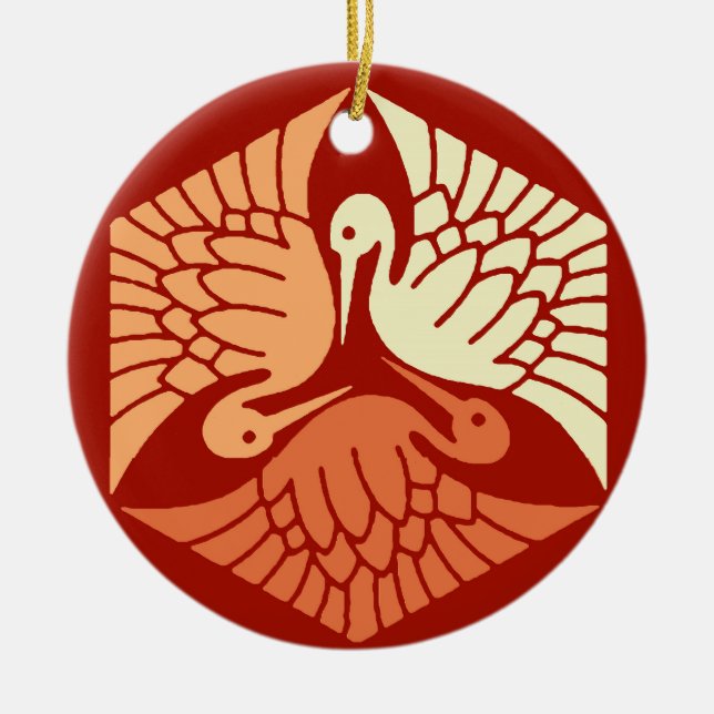 Adorno De Cerámica Grullas japonesas, mandarín y Naranja ligero (Frente)