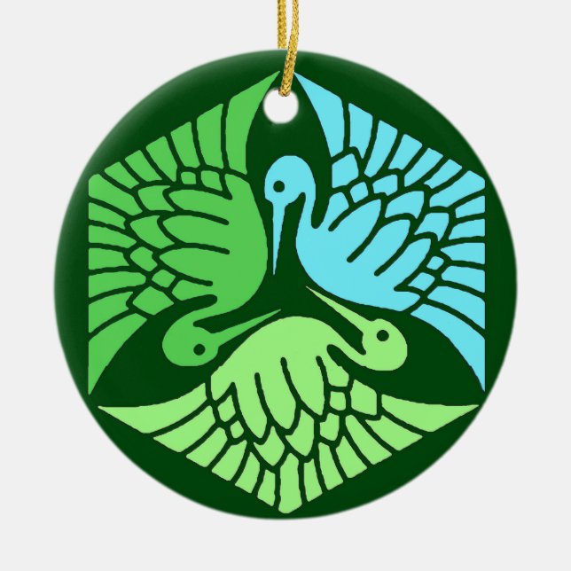 Adorno De Cerámica Grullas japonesas, verde jade y azul claro (Frente)