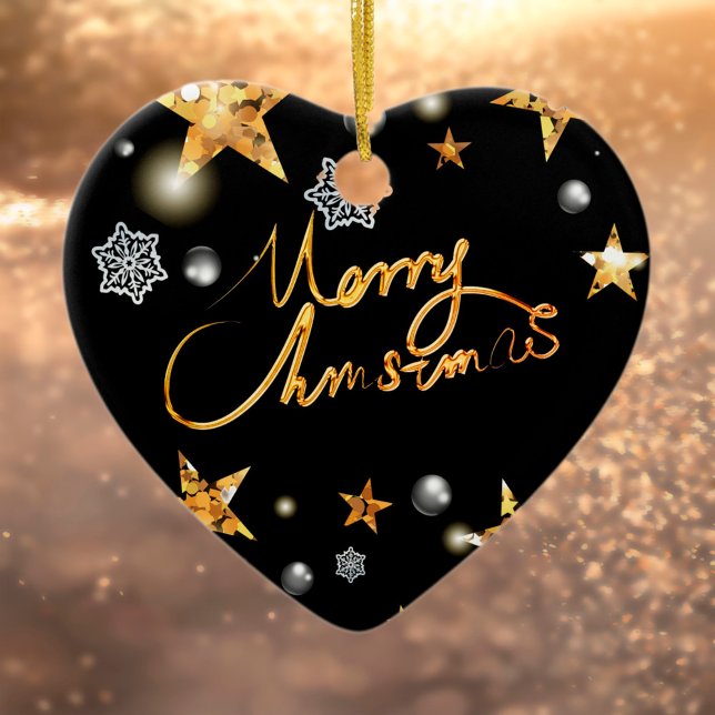 Adorno De Cerámica Guay Metallic Gold Black Stars Merry Xmas Script (Subido por el creador)