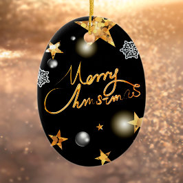 Adorno De Cerámica Guay Metallic Gold Black Stars Merry Xmas Script