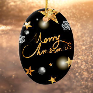 Adorno De Cerámica Guay Metallic Gold Black Stars Merry Xmas Script