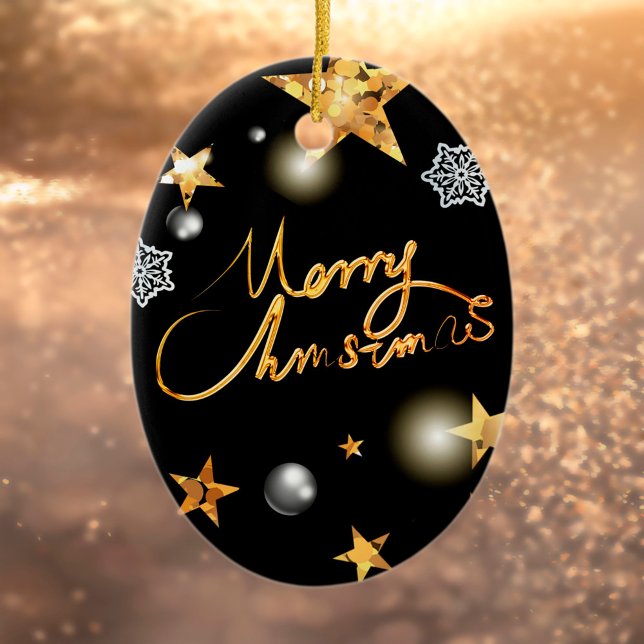 Adorno De Cerámica Guay Metallic Gold Black Stars Merry Xmas Script (Subido por el creador)
