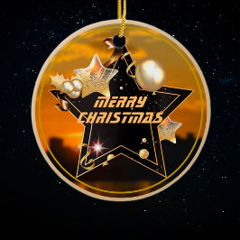 Adorno De Cerámica Guay Modern Gold Black Metallics Stars Merry Xmas