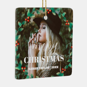 Adorno De Cerámica Guión de la foto personalizada Wreath Merry Christ