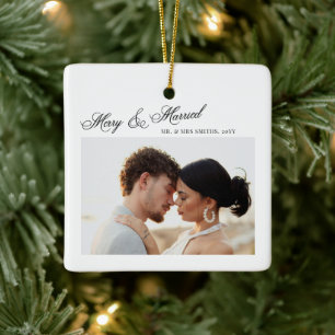 Adorno De Cerámica Guión de Navidad Feliz y Casados Foto de recién ca