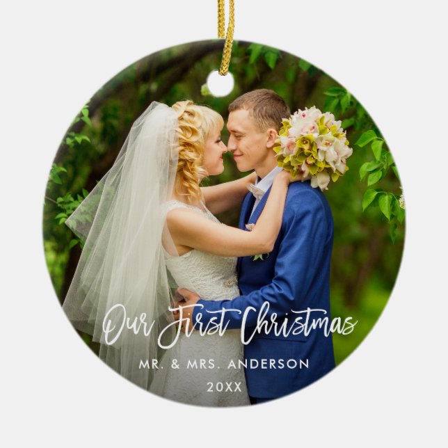 Adorno De Cerámica Guión de pincel moderno nuestro primer Boda de Nav (Frente)