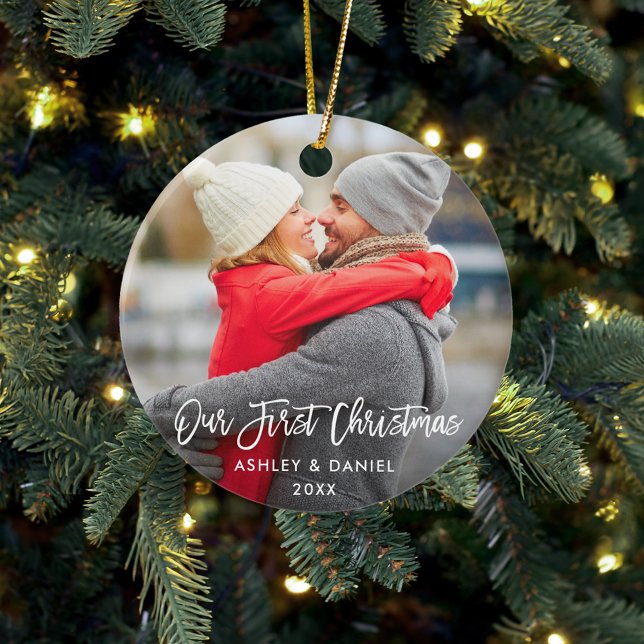 Adorno De Cerámica Guión de pincel moderno para nuestra primera parej (Double Sided Photo Ornament)