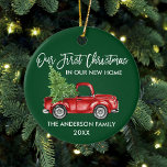 Adorno De Cerámica Guión de pincel Primera Navidad Nuevo Camión de ca<br><div class="desc">Guión de pincel moderno Nuestra primera Navidad en nuestro nuevo ornamento residencial incluye Watercolor Vintage Camión Rojo con Árbol de Navidad. Fondo verde forestal.</div>