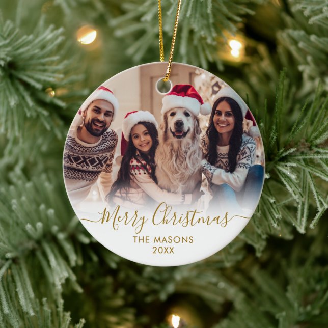 Adorno De Cerámica Guión dorado moderno White2 Foto Feliz Navidad (Árbol)