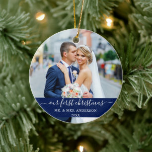 Adorno De Cerámica Guión elegante Nuestra Primera Navidad Azul