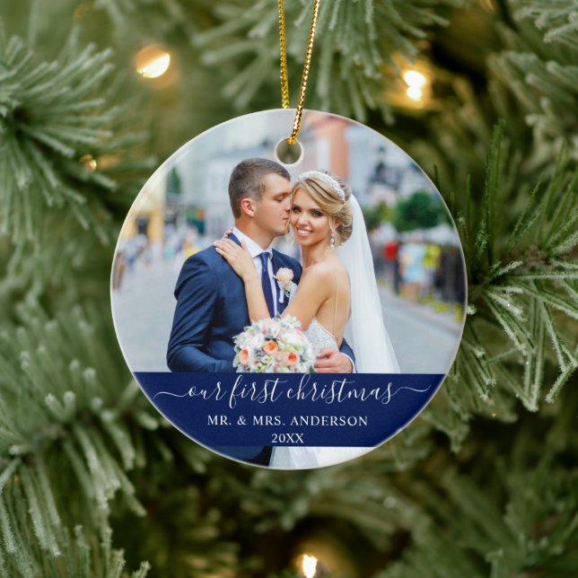 Adorno De Cerámica Guión elegante Nuestra Primera Navidad Azul (Árbol)