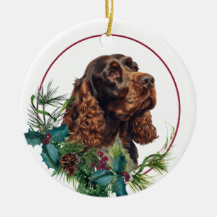 Adorno De Cerámica Guirnalda de bayas perennes de Cocker Spaniel de c