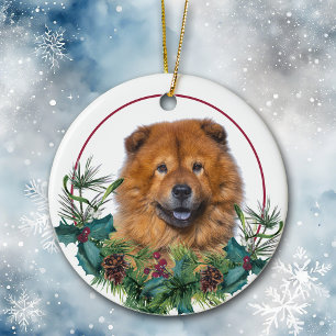 Adorno De Cerámica Guirnalda de Berry Evergreen de Perro de Chow Rojo