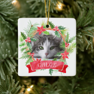 Adorno De Cerámica Guirnalda de Navidad con foto de gato