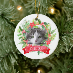 Adorno De Cerámica Guirnalda de Navidad con foto de gato