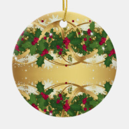 Adorno De Cerámica Guirnalda dorada de Noel — Bayas rojas y hojas de