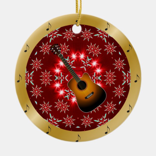Adorno De Cerámica Guitar ~ Plata ~ Rojo~ Oro ~ Navidades ~ (Frente)