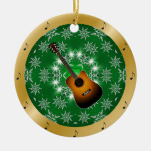 Adorno De Cerámica Guitar ~ Plata ~ Verde ~ Oro ~ Navidades ~