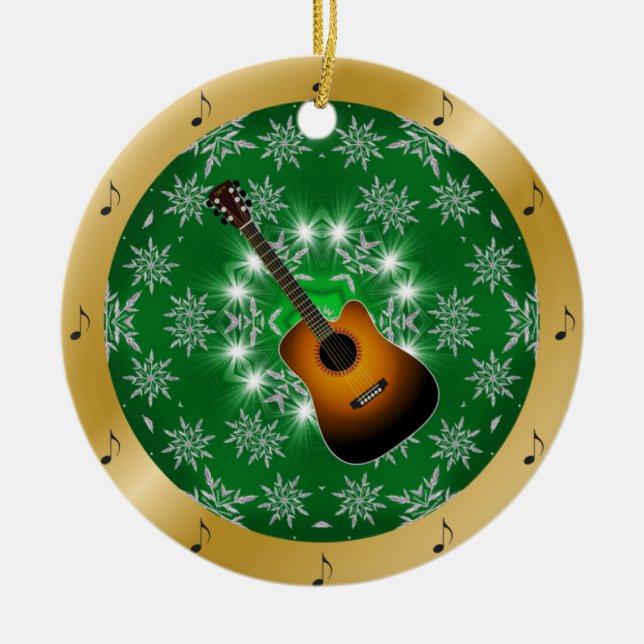 Adorno De Cerámica Guitar ~ Plata ~ Verde ~ Oro ~ Navidades ~ (Frente)