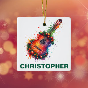 Adorno De Cerámica Guitarra Acústica Navideña Festiva