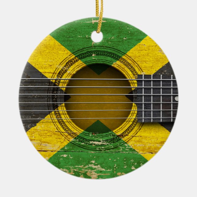 Adorno De Cerámica Guitarra acústica vieja con la bandera jamaicana (Frente)
