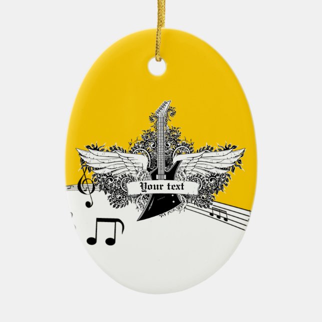 Adorno De Cerámica Guitarra eléctrica amarilla negra con alas (Frente)