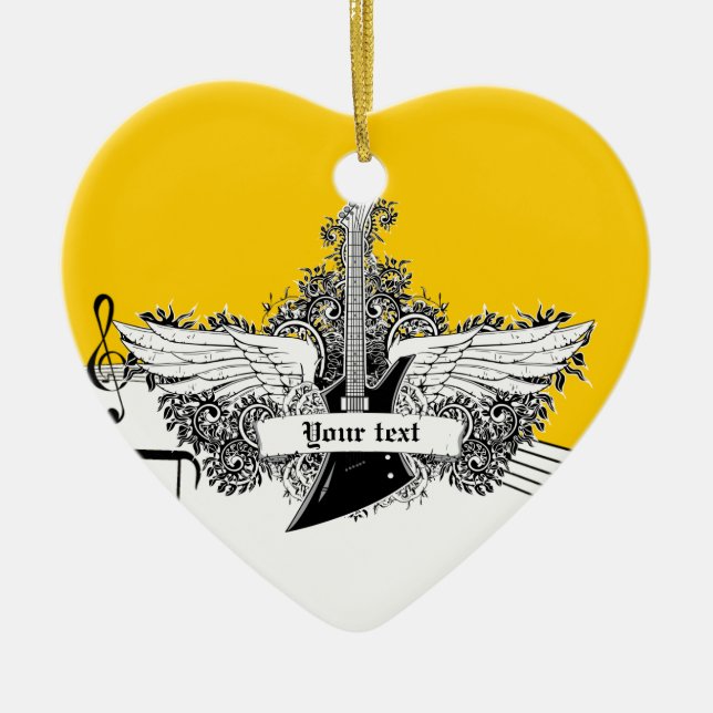 Adorno De Cerámica Guitarra eléctrica amarilla negra con alas (Frente)