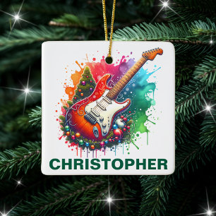 Adorno De Cerámica Guitarra Eléctrica Navideña Festiva con Nombre Per