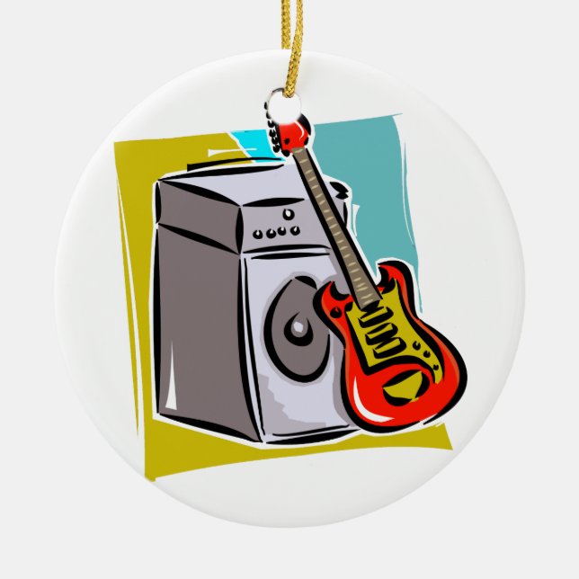 Adorno De Cerámica Guitarra roja inclinada en amp gráfico (Frente)